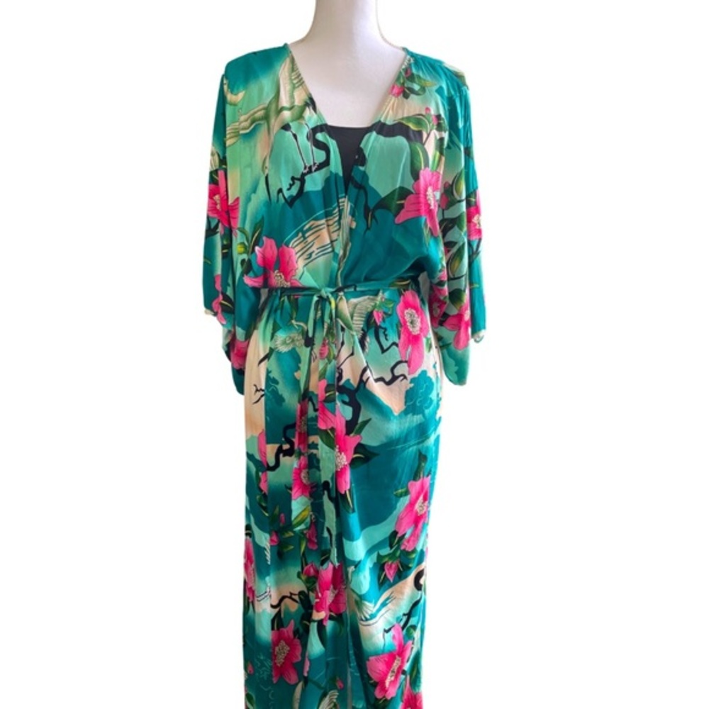 Women's Kimono Japanese Crane Floral Blue Pink Long Loungewear Robe Duster wBelt